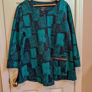 Ali Miles top Shirt Blouse Size Large Stretch Green Black 3/4 Sleeve Pocket